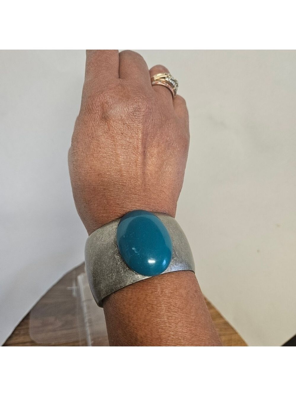 Vintage 70s Wide Silver-tone with Faux Turquoise Center Bead Open Cuff Bracelet